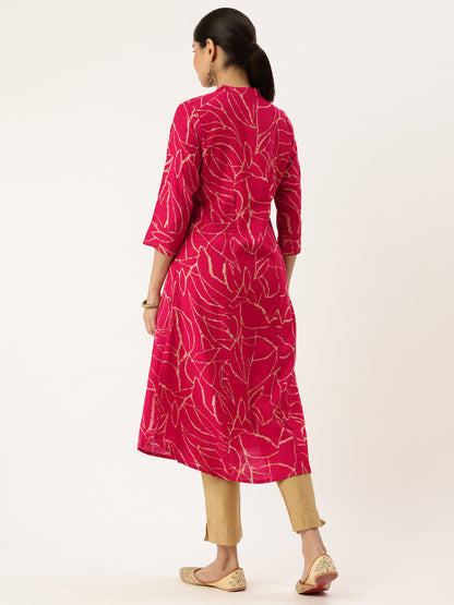 Pink Abstract Printed Mandarin Collar A-Line Kurta