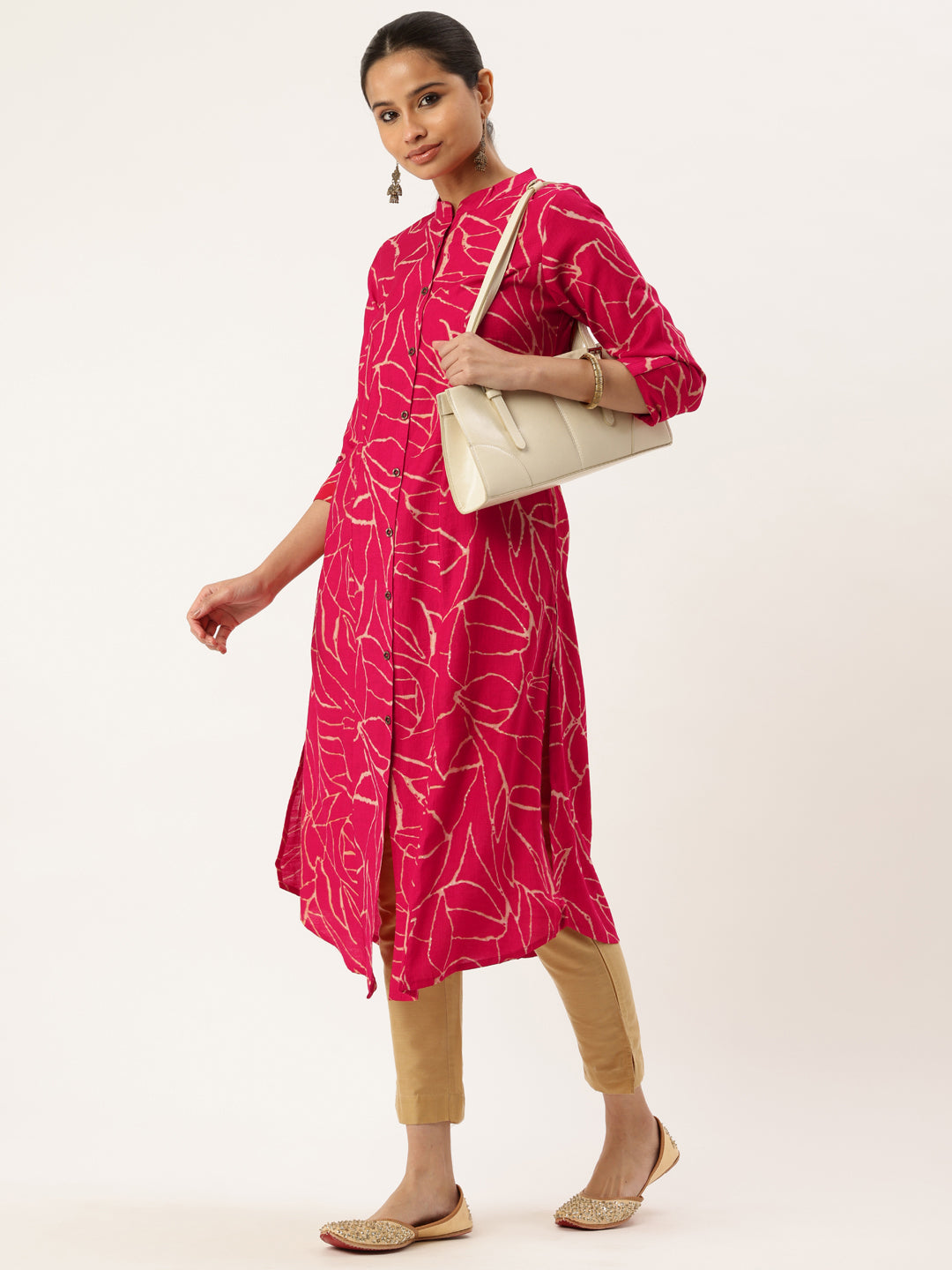 Pink Abstract Printed Mandarin Collar A-Line Kurta