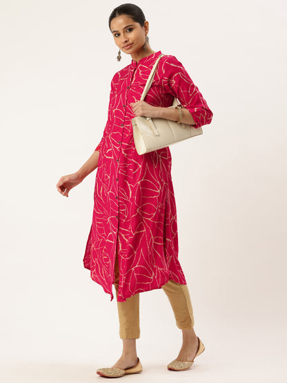 Pink Abstract Printed Mandarin Collar A-Line Kurta
