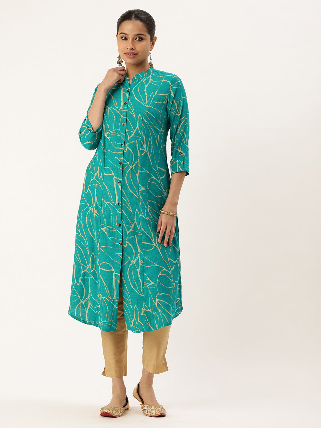 Teal Blue Abstract Printed A-Line Kurta