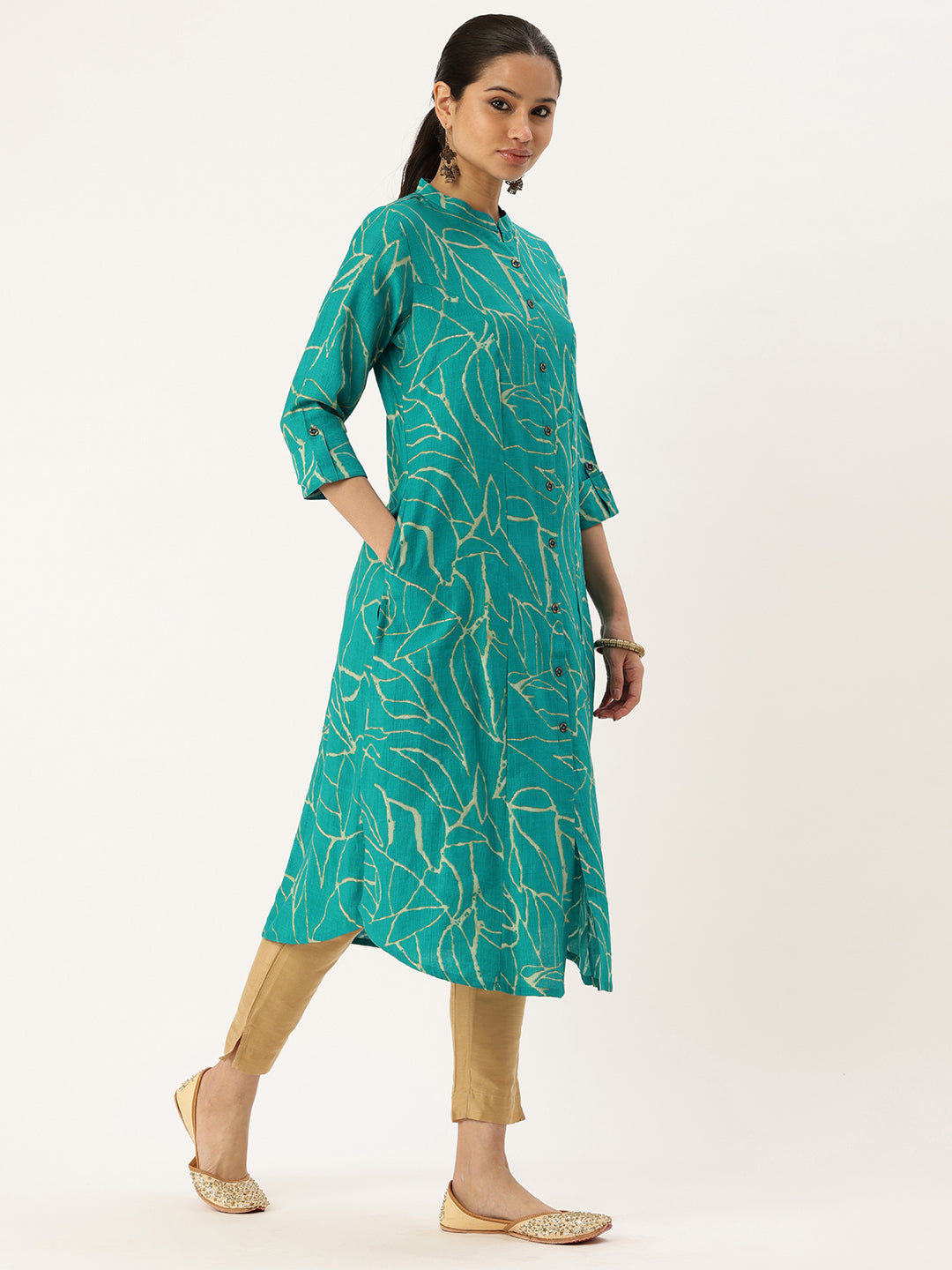 Teal Blue Abstract Printed A-Line Kurta