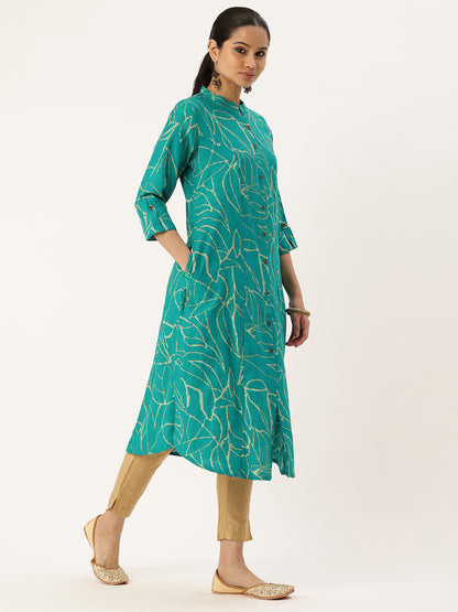 Teal Blue Abstract Printed A-Line Kurta