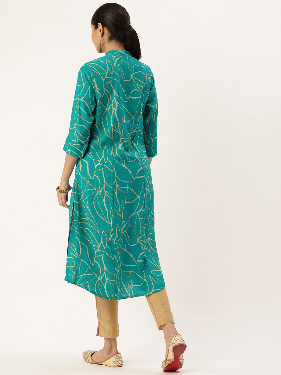 Teal Blue Abstract Printed A-Line Kurta