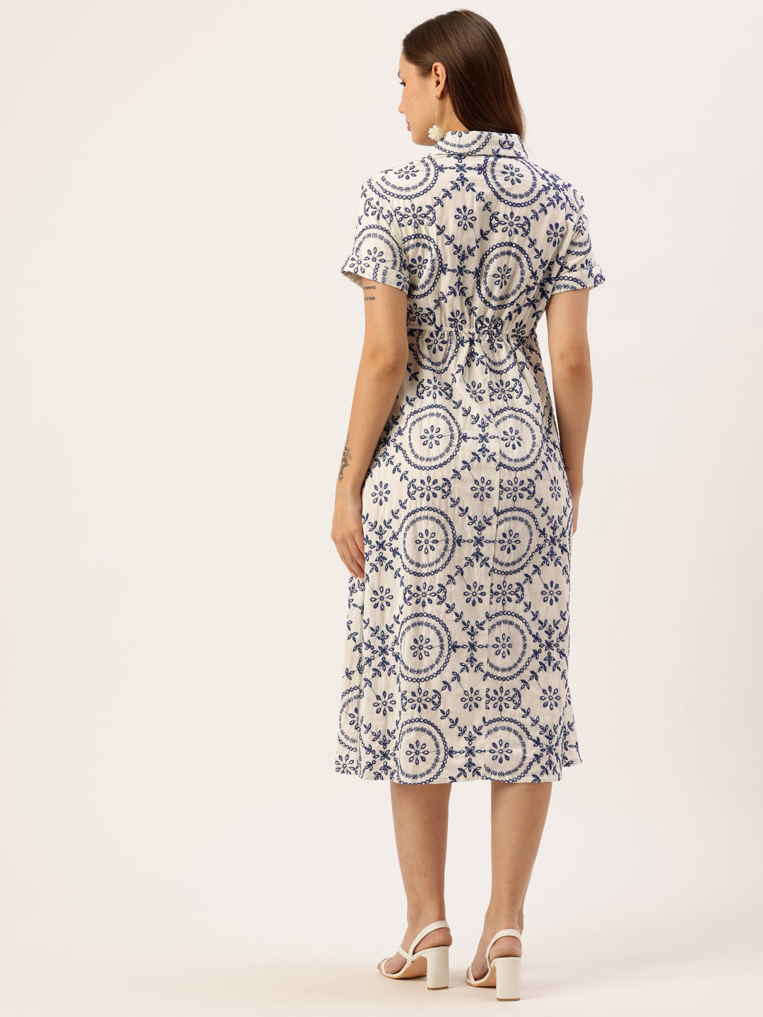 White Floral Embroidered Pure Cotton A-Line Midi Dress, Dress, Printed Dress, White Dress
