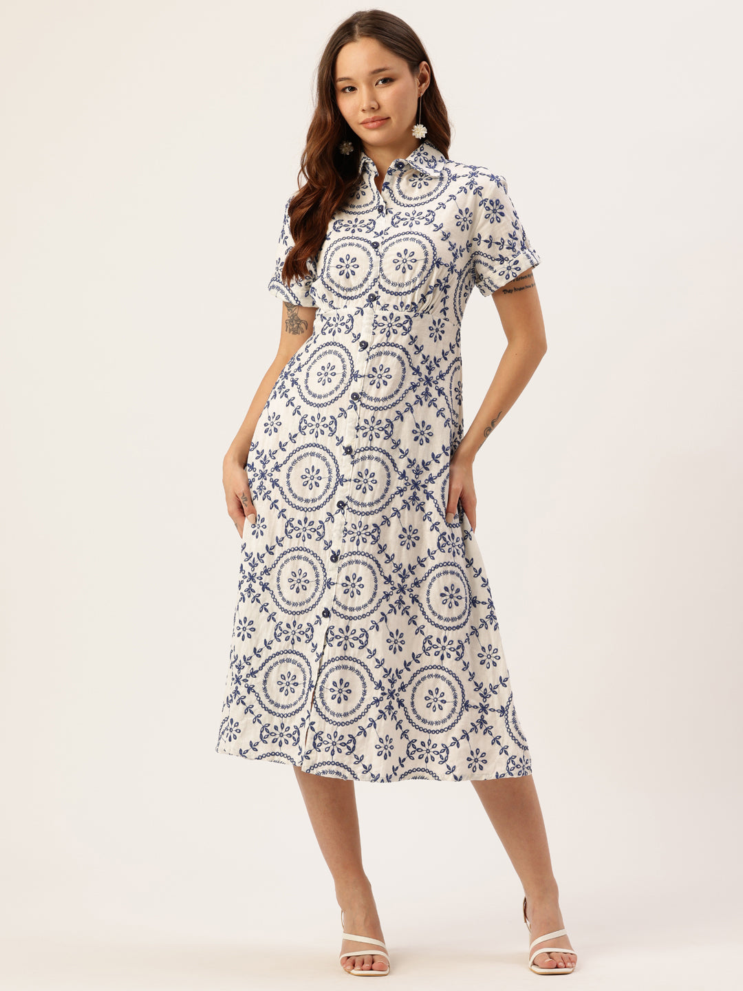 White Floral Embroidered Pure Cotton A-Line Midi Dress, Dress, Printed Dress, White Dress