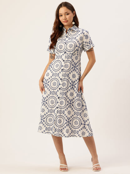 White Floral Embroidered Pure Cotton A-Line Midi Dress, Dress, Printed Dress, White Dress