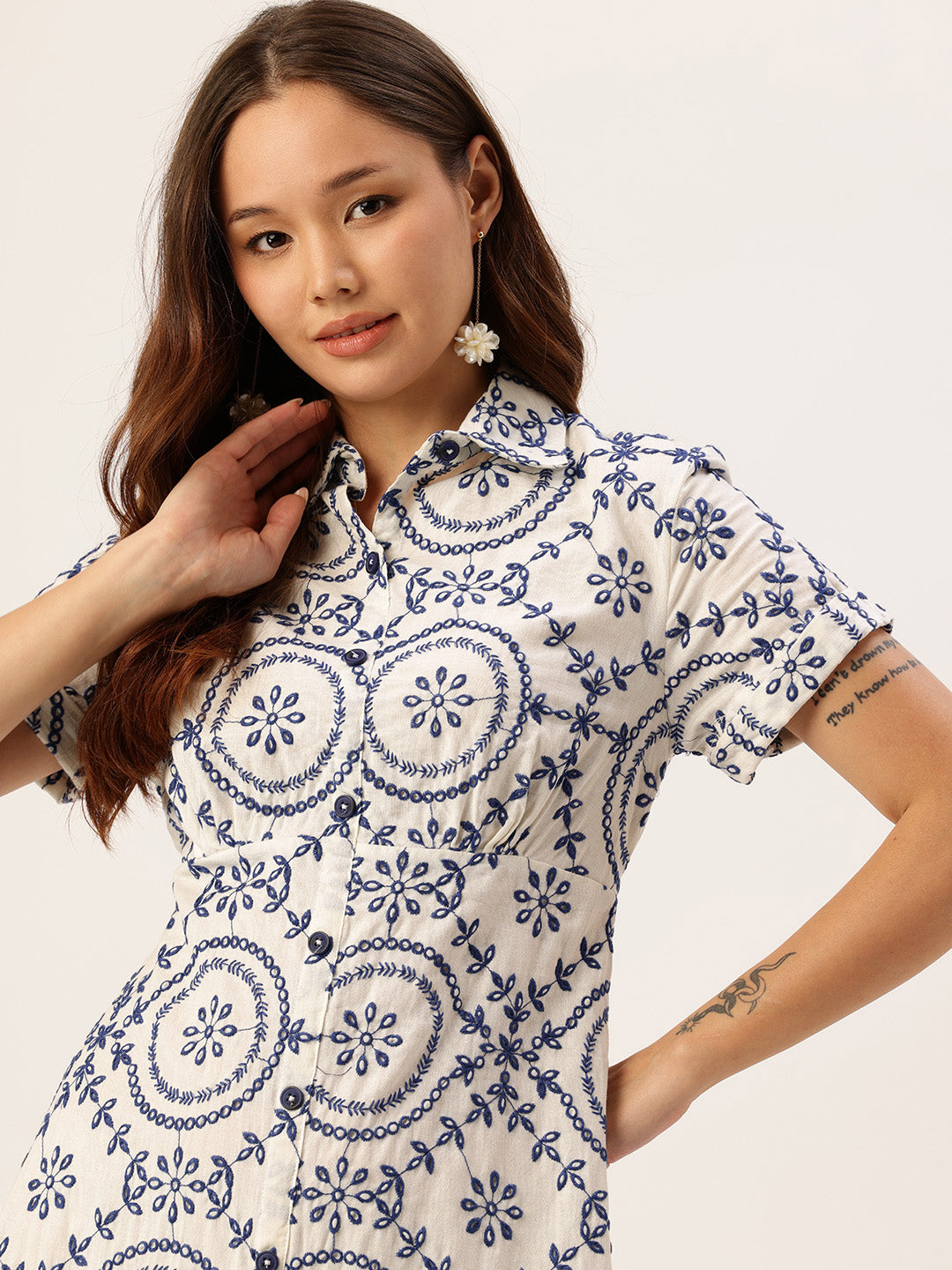 White Floral Embroidered Pure Cotton A-Line Midi Dress, Dress, Printed Dress, White Dress
