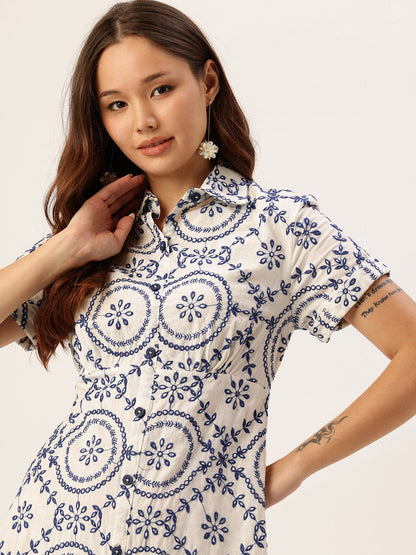White Floral Embroidered Pure Cotton A-Line Midi Dress, Dress, Printed Dress, White Dress