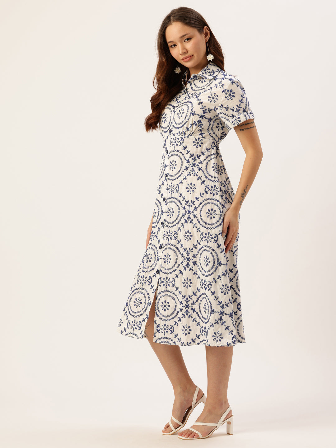 White Floral Embroidered Pure Cotton A-Line Midi Dress, Dress, Printed Dress, White Dress