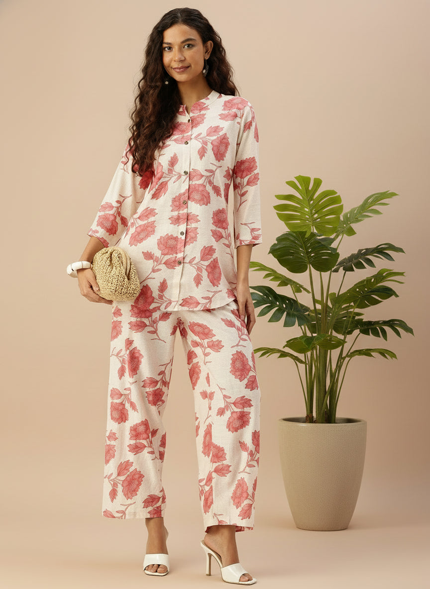 Pink Floral Printed Co-Ords, Co-Ords, Short Top & palazzo, Printed co-ord set,  Pink co-ords, Floral co-ords, Floral printed co-ords, Two piece set, Women co-ords