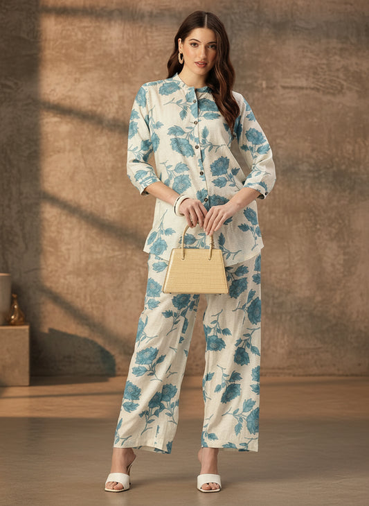 Blue Floral Printed Co-Ords, Co-Ords, Short Top & palazzo, Printed co-ord set,  Blue co-ords, Floral co-ords, Floral printed co-ords, Two piece set, Women co-ords