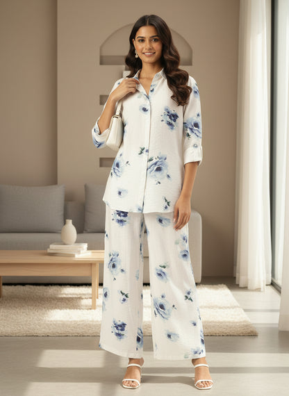 White Floral Printed Shirt & Palazzos Co-Ords Set, floral Printed Co-Ords Set, Floral Printed Palazzos Set, printed co-ords, Floral printed, co-ord set, Shirt and palazzo set, women’s co-ords, elegant co-ords, two-piece set
