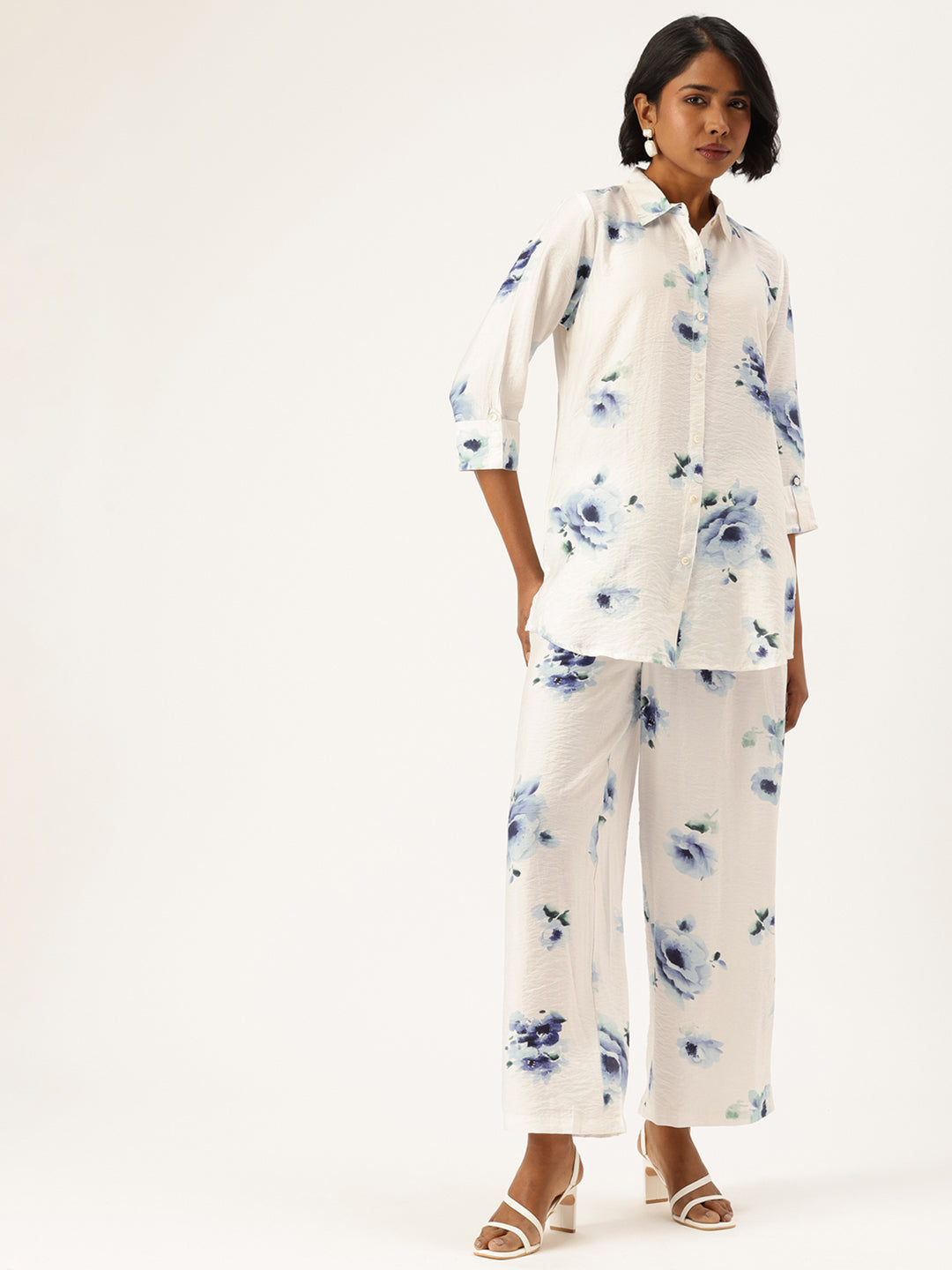 White Floral Printed Shirt & Palazzos Co-Ords Set, floral Printed Co-Ords Set, Floral Printed Palazzos Set, printed co-ords, Floral printed, co-ord set, Shirt and palazzo set, women’s co-ords, elegant co-ords, two-piece set