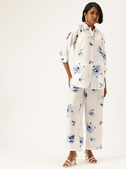 White Floral Printed Shirt & Palazzos Co-Ords Set, floral Printed Co-Ords Set, Floral Printed Palazzos Set, printed co-ords, Floral printed, co-ord set, Shirt and palazzo set, women’s co-ords, elegant co-ords, two-piece set