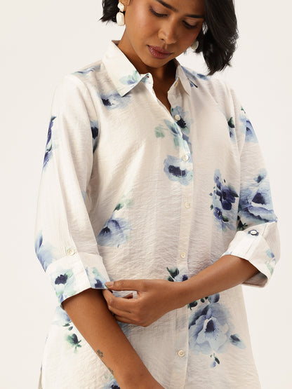 White Floral Printed Shirt & Palazzos Co-Ords Set, floral Printed Co-Ords Set, Floral Printed Palazzos Set, printed co-ords, Floral printed, co-ord set, Shirt and palazzo set, women’s co-ords, elegant co-ords, two-piece set