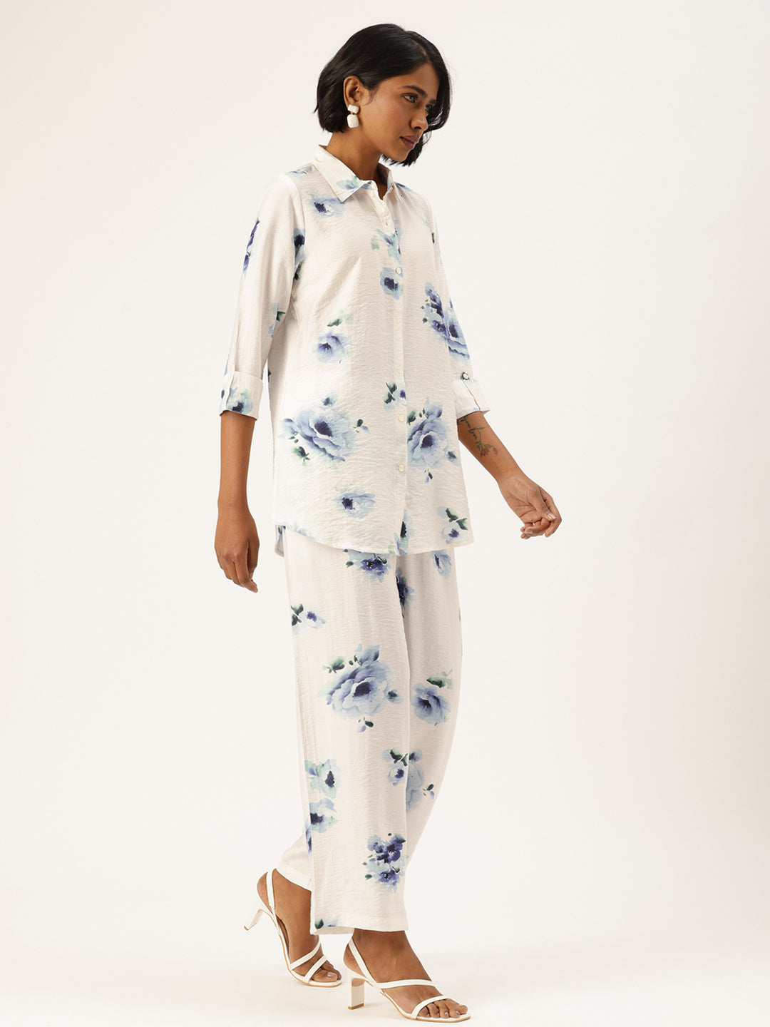 White Floral Printed Shirt & Palazzos Co-Ords Set, floral Printed Co-Ords Set, Floral Printed Palazzos Set, printed co-ords, Floral printed, co-ord set, Shirt and palazzo set, women’s co-ords, elegant co-ords, two-piece set