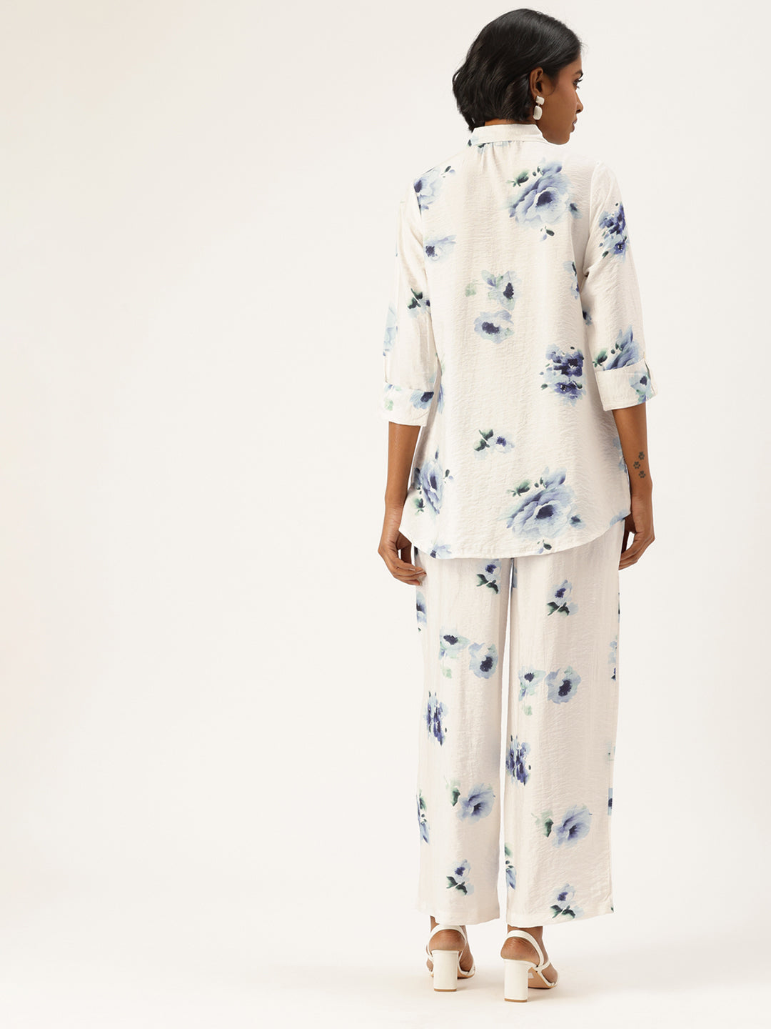 White Floral Printed Shirt & Palazzos Co-Ords Set, floral Printed Co-Ords Set, Floral Printed Palazzos Set, printed co-ords, Floral printed, co-ord set, Shirt and palazzo set, women’s co-ords, elegant co-ords, two-piece set