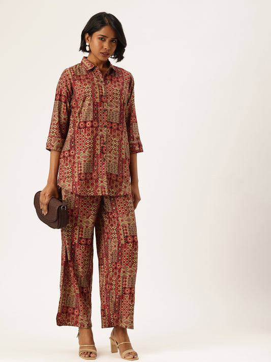 Red Ethnic Motifs Printed Shirt & Palazzos Co-Ords Set, Ethnic Motifs Printed Co-Ords Set, Ethnic Motifs Printed Palazzos Set, printed co-ords, Ethnic Motifs printed, co-ord set, Shirt and palazzo set, women’s co-ords, elegant co-ords, two-piece set