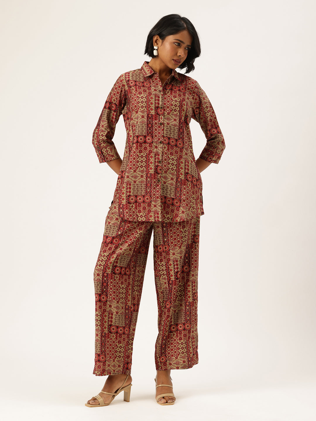 Red Ethnic Motifs Printed Shirt & Palazzos Co-Ords Set, Ethnic Motifs Printed Co-Ords Set, Ethnic Motifs Printed Palazzos Set, printed co-ords, Ethnic Motifs printed, co-ord set, Shirt and palazzo set, women’s co-ords, elegant co-ords, two-piece set