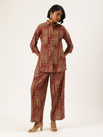 Red Ethnic Motifs Printed Shirt & Palazzos Co-Ords Set, Ethnic Motifs Printed Co-Ords Set, Ethnic Motifs Printed Palazzos Set, printed co-ords, Ethnic Motifs printed, co-ord set, Shirt and palazzo set, women’s co-ords, elegant co-ords, two-piece set