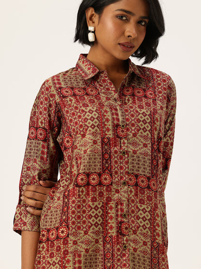 Red Ethnic Motifs Printed Shirt & Palazzos Co-Ords Set, Ethnic Motifs Printed Co-Ords Set, Ethnic Motifs Printed Palazzos Set, printed co-ords, Ethnic Motifs printed, co-ord set, Shirt and palazzo set, women’s co-ords, elegant co-ords, two-piece set
