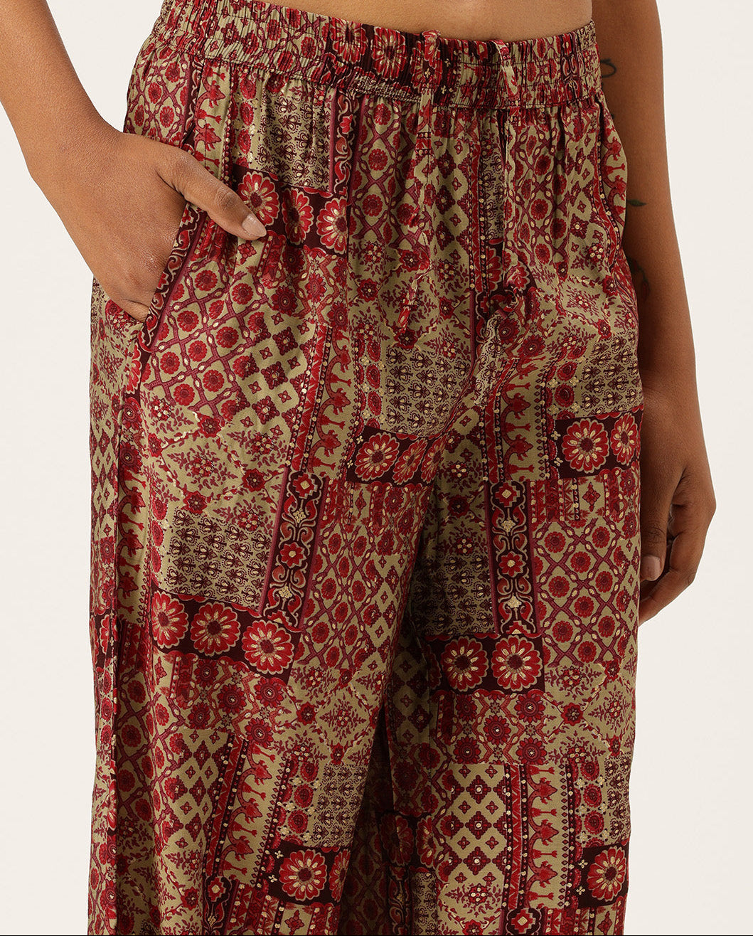 Red Ethnic Motifs Printed Shirt & Palazzos Co-Ords Set, Ethnic Motifs Printed Co-Ords Set, Ethnic Motifs Printed Palazzos Set, printed co-ords, Ethnic Motifs printed, co-ord set, Shirt and palazzo set, women’s co-ords, elegant co-ords, two-piece set