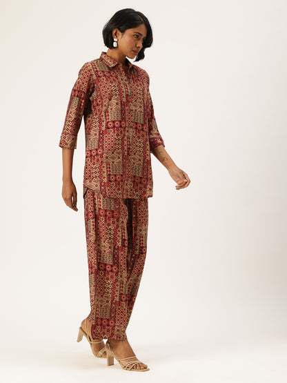 Red Ethnic Motifs Printed Shirt & Palazzos Co-Ords Set, Ethnic Motifs Printed Co-Ords Set, Ethnic Motifs Printed Palazzos Set, printed co-ords, Ethnic Motifs printed, co-ord set, Shirt and palazzo set, women’s co-ords, elegant co-ords, two-piece set