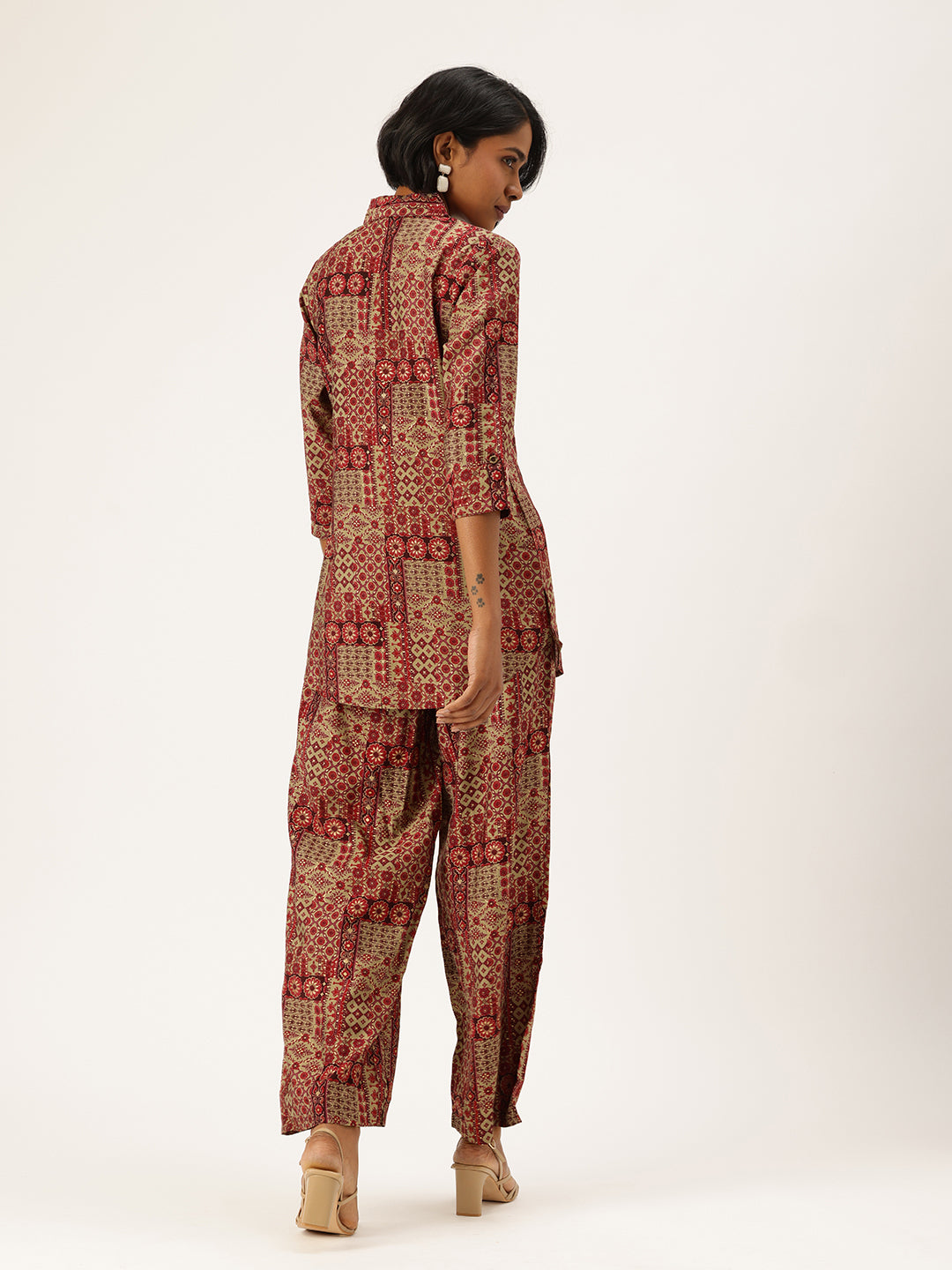 Red Ethnic Motifs Printed Shirt & Palazzos Co-Ords Set, Ethnic Motifs Printed Co-Ords Set, Ethnic Motifs Printed Palazzos Set, printed co-ords, Ethnic Motifs printed, co-ord set, Shirt and palazzo set, women’s co-ords, elegant co-ords, two-piece set