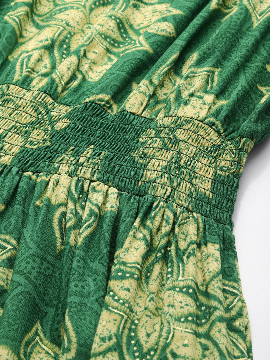 Green Floral Printed Puff Sleeves Smocked Detailed Fit & Flare Midi Dress, Dress, Midi dress, Printed Dress, Green Dress