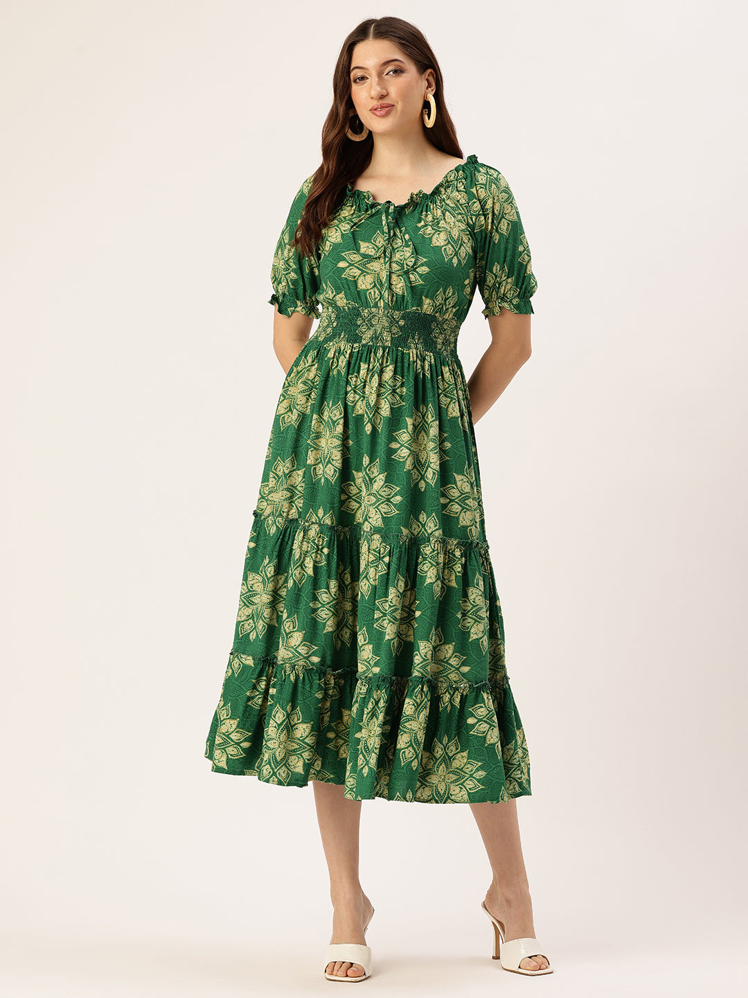 Green Floral Printed Puff Sleeves Smocked Detailed Fit & Flare Midi Dress, Dress, Midi dress, Printed Dress, Green Dress