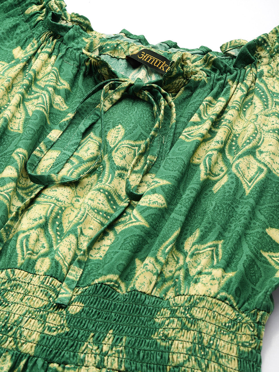 Green Floral Printed Puff Sleeves Smocked Detailed Fit & Flare Midi Dress, Dress, Midi dress, Printed Dress, Green Dress