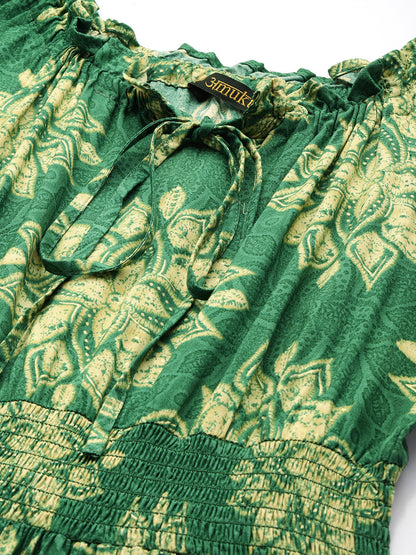 Green Floral Printed Puff Sleeves Smocked Detailed Fit & Flare Midi Dress, Dress, Midi dress, Printed Dress, Green Dress