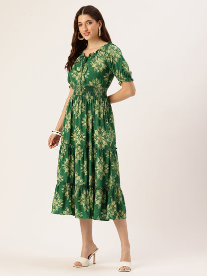 Green Floral Printed Puff Sleeves Smocked Detailed Fit & Flare Midi Dress, Dress, Midi dress, Printed Dress, Green Dress
