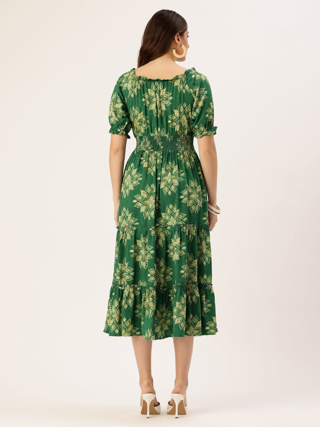 Green Floral Printed Puff Sleeves Smocked Detailed Fit & Flare Midi Dress, Dress, Midi dress, Printed Dress, Green Dress