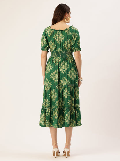Green Floral Printed Puff Sleeves Smocked Detailed Fit & Flare Midi Dress, Dress, Midi dress, Printed Dress, Green Dress