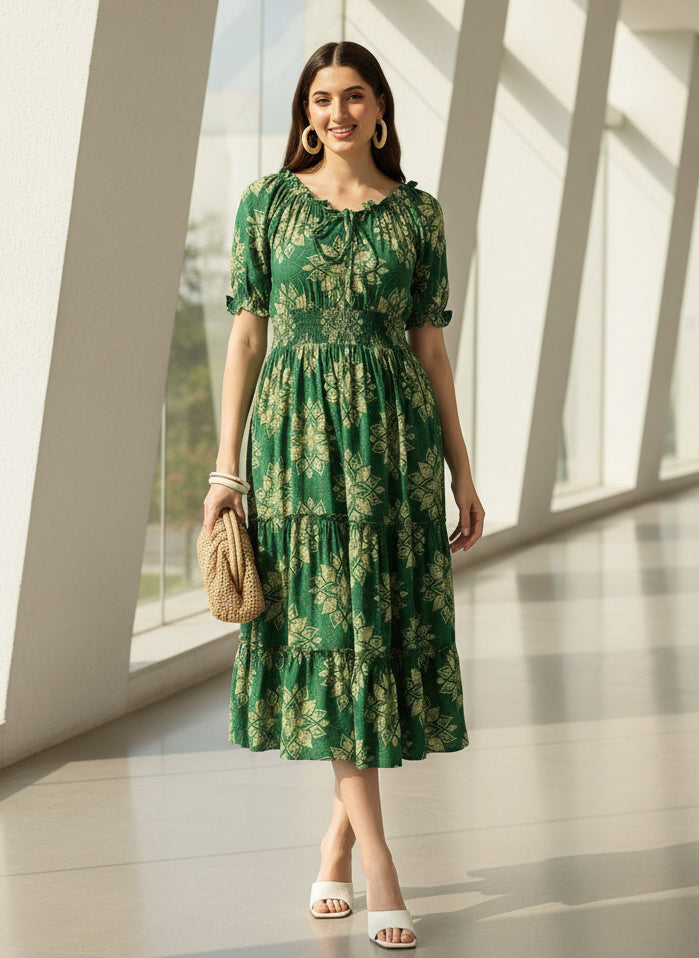 Green Floral Printed Puff Sleeves Smocked Detailed Fit & Flare Midi Dress, Dress, Midi dress, Printed Dress, Green Dress