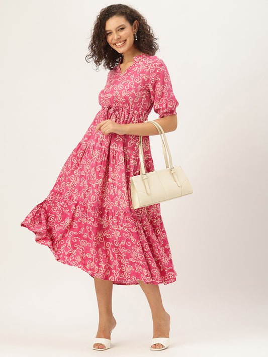Pink Leaf Printed Midi Dress