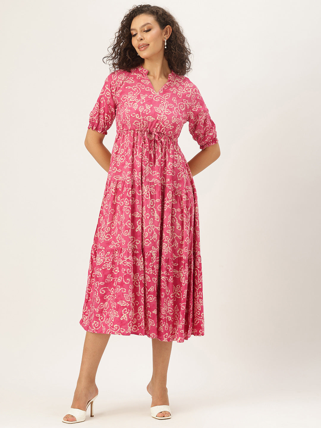 Pink Leaf Printed Midi Dress