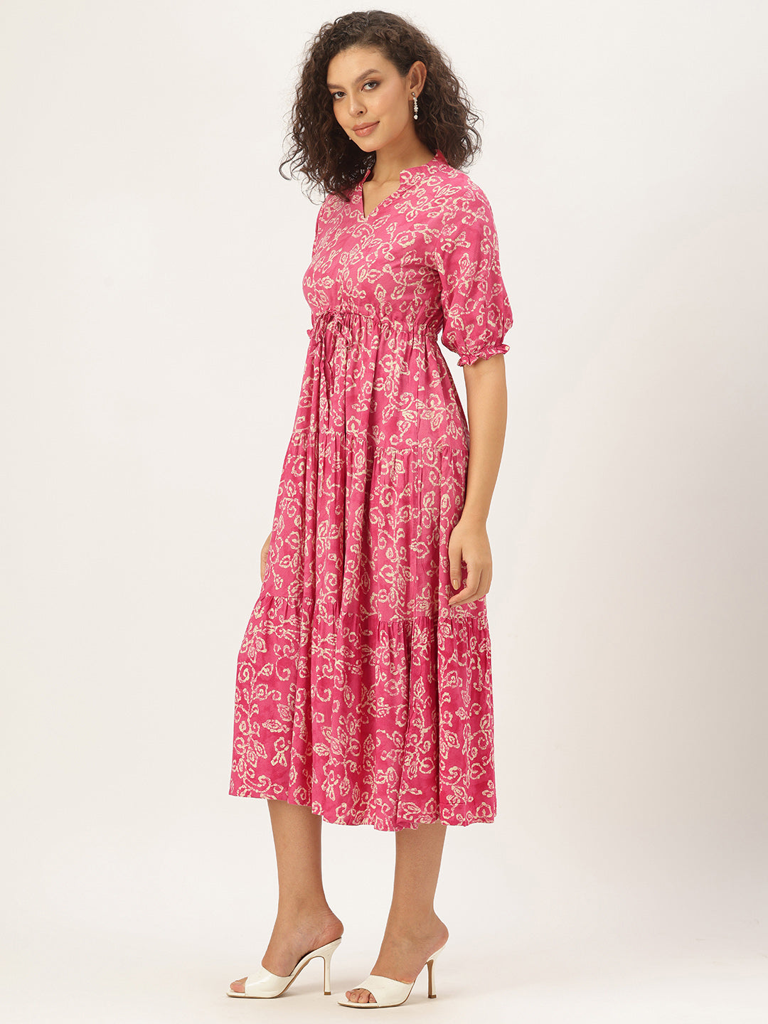 Pink Leaf Printed Midi Dress