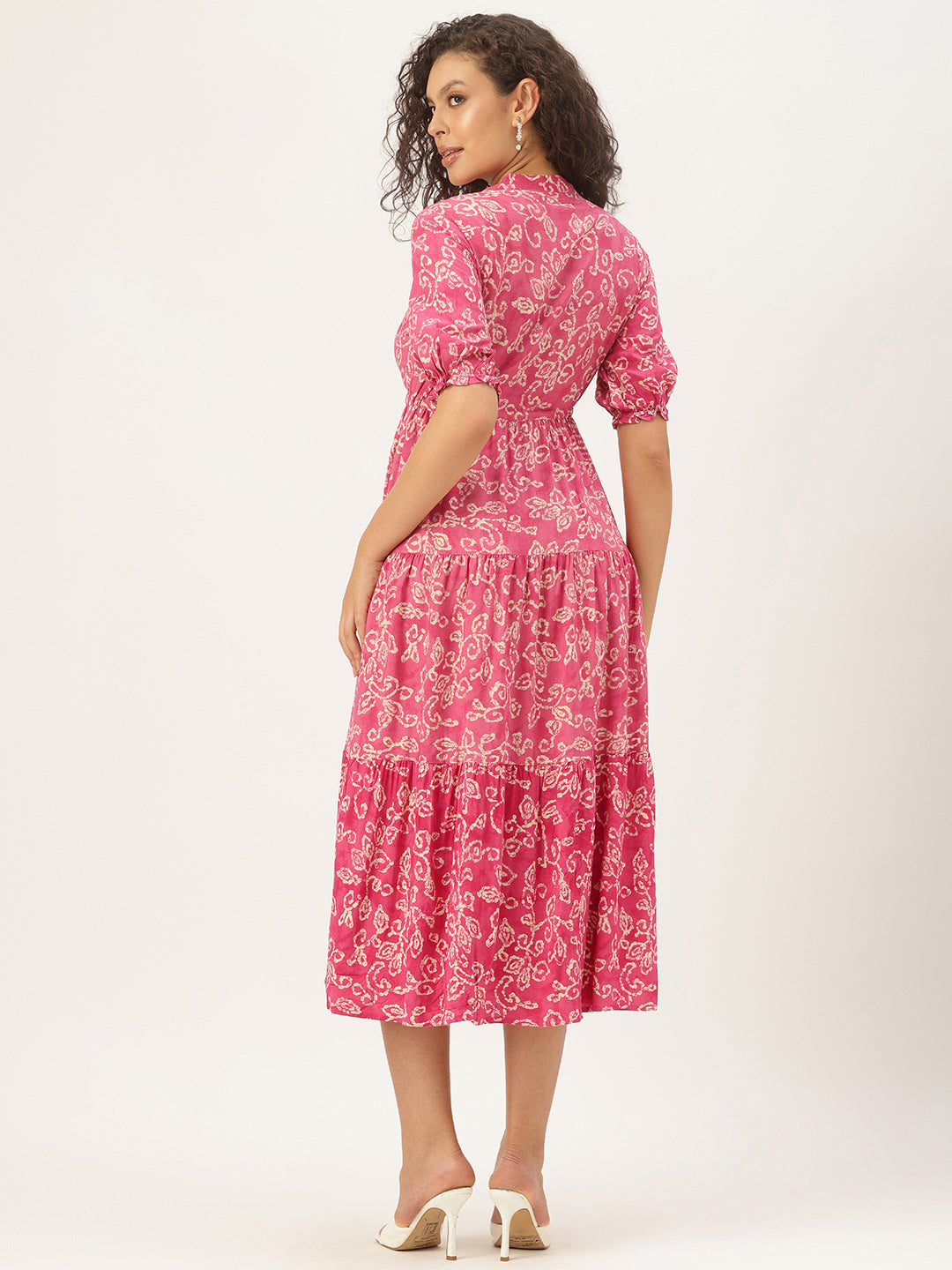 Pink Leaf Printed Midi Dress