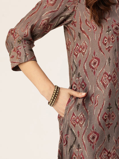 Grey Ethnic Motifs Printed Mandarin Collar Kurta