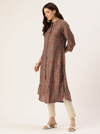 Grey Ethnic Motifs Printed Mandarin Collar Kurta