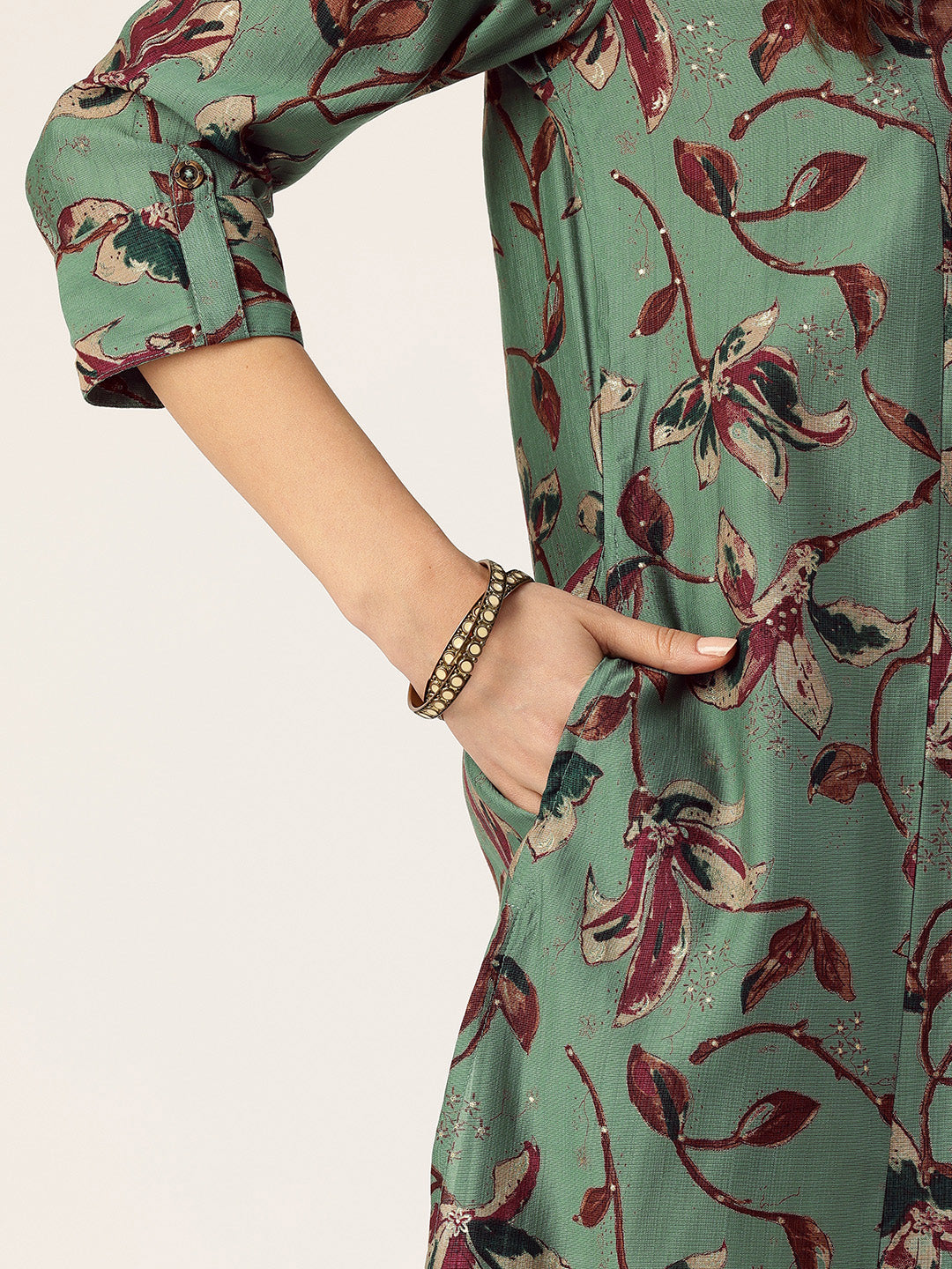 Green Floral Printed Mandarin Collar Kurta