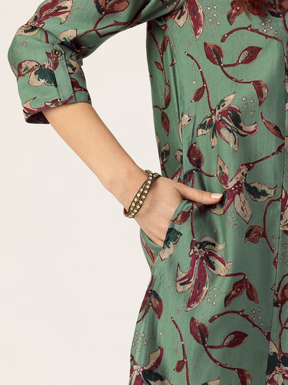 Green Floral Printed Mandarin Collar Kurta