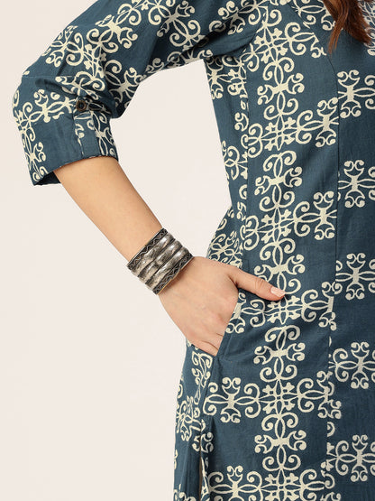 Blue Ethnic Motifs Printed A Line Kurta