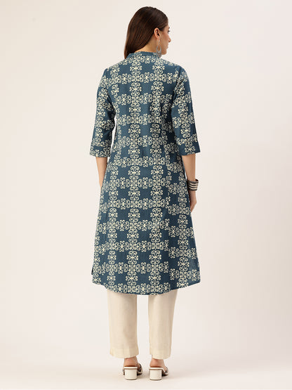 Blue Ethnic Motifs Printed A Line Kurta