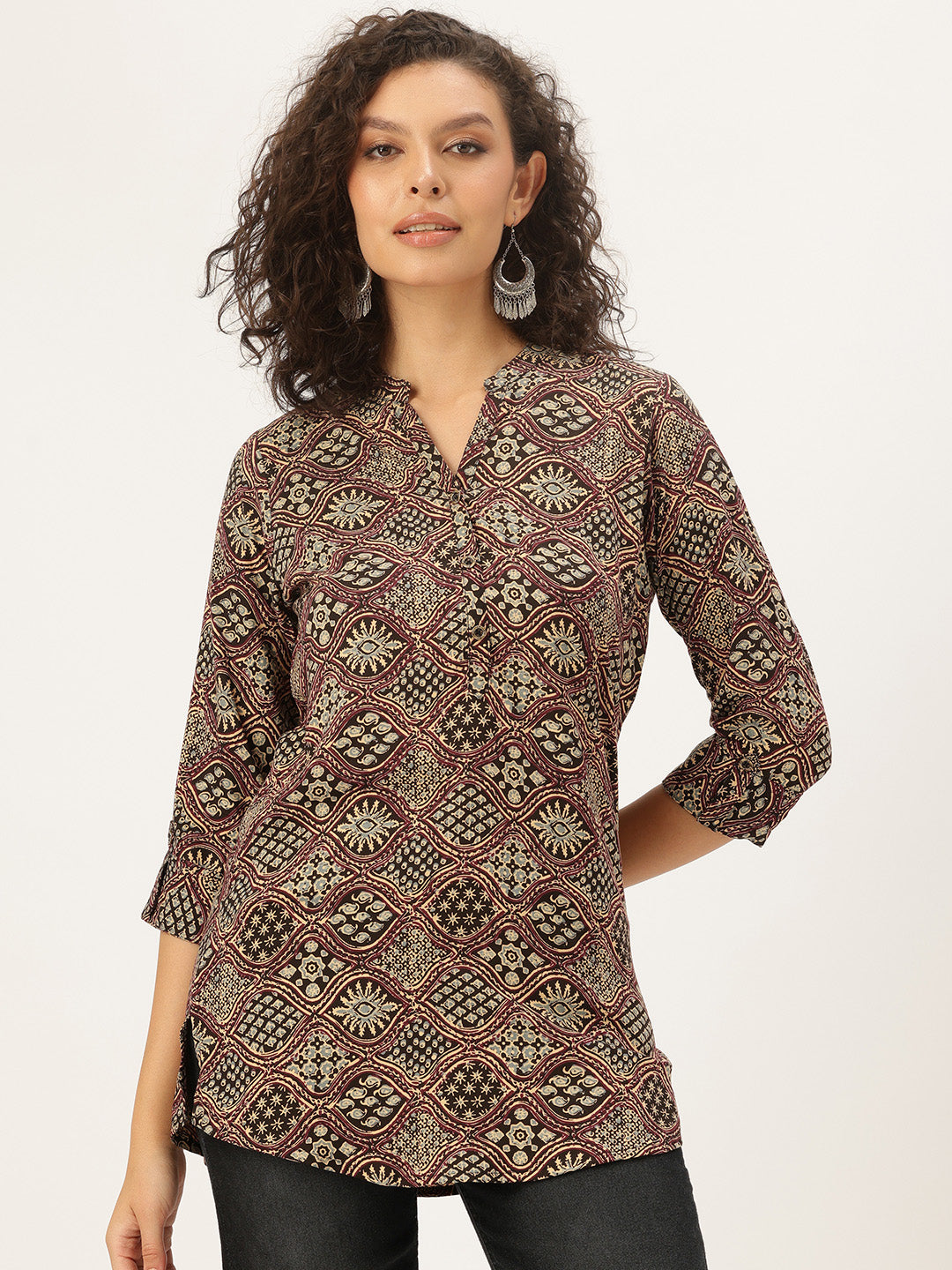 Wine Ethnic Motifs Printed, Band Collar Tunic, Printed Tunic, Short Kurti, Wine color Short Kurti.
