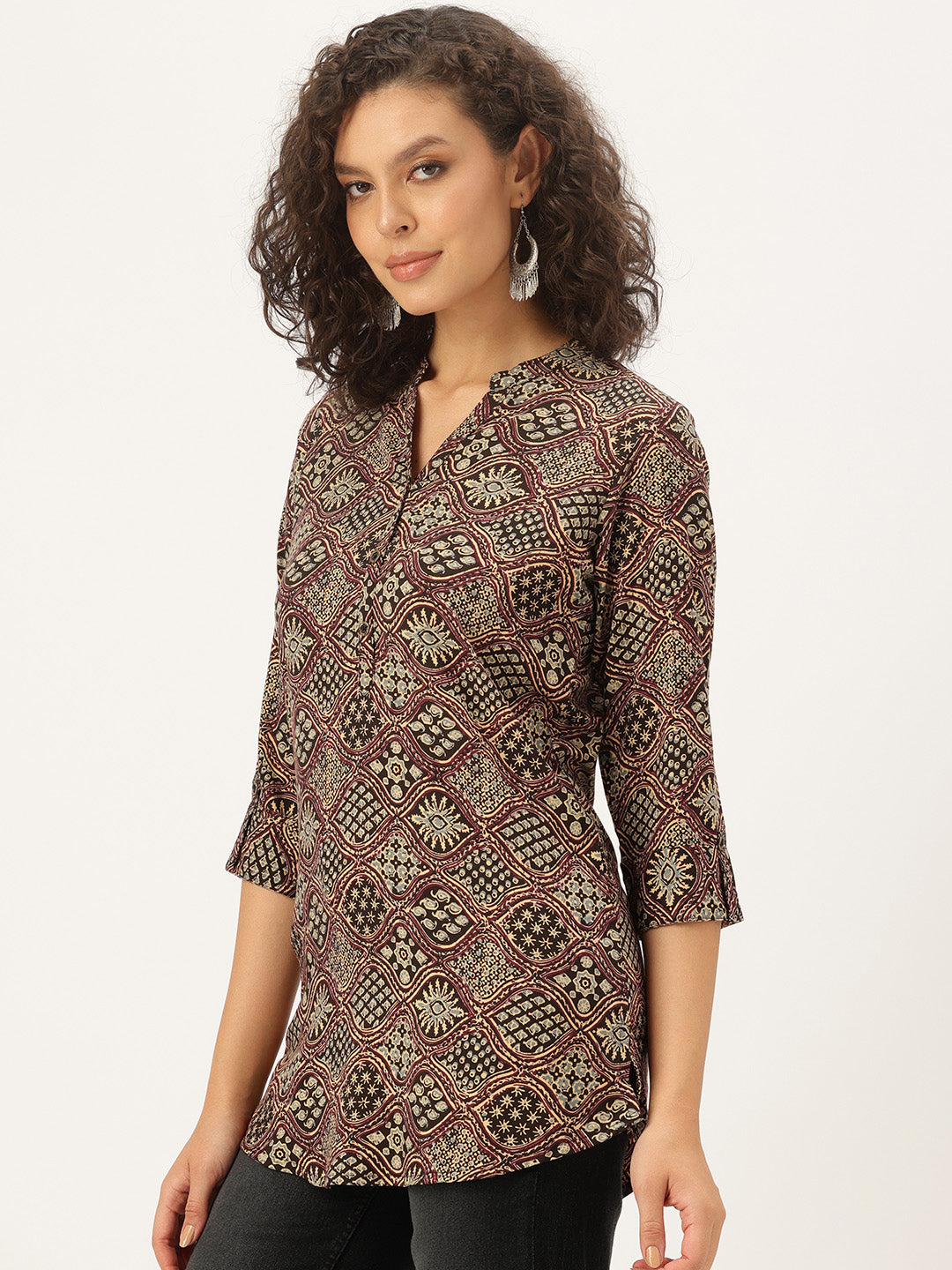 Wine Ethnic Motifs Printed, Band Collar Tunic, Printed Tunic, Short Kurti, Wine color Short Kurti.

