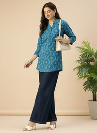 Blue Ethnic Printed Mandarin Collar Tunic, Short Kurta, Short Top, Blue Short Kurta, Ethnic Short Kurta, Printed Short Kurta 