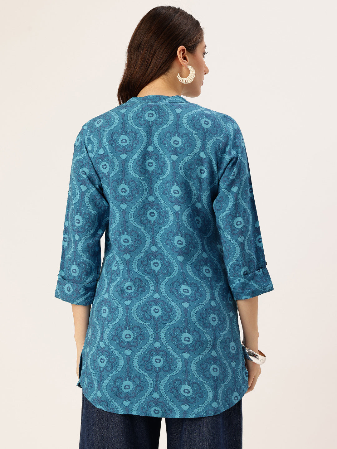 Blue Ethnic Printed Mandarin Collar Tunic, Short Kurta, Short Top, Blue Short Kurta, Ethnic Short Kurta, Printed Short Kurta 